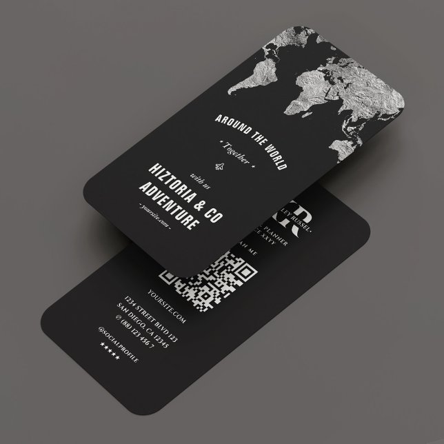Travel Tour Adventure World Map Silver Black Business Card (Travel Tour Adventure World Map Silver Black Business Card
)