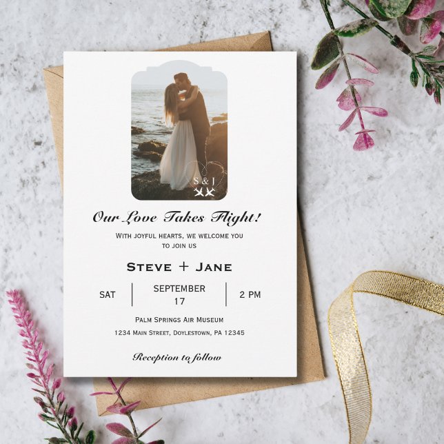 Travel Wedding Aeroplane Heart Modern Aviation Invitation (Creator Uploaded)