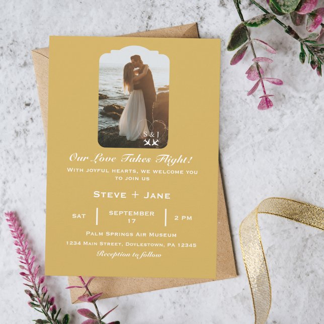 Travel Wedding Aeroplane Heart Modern Aviation Invitation (Creator Uploaded)