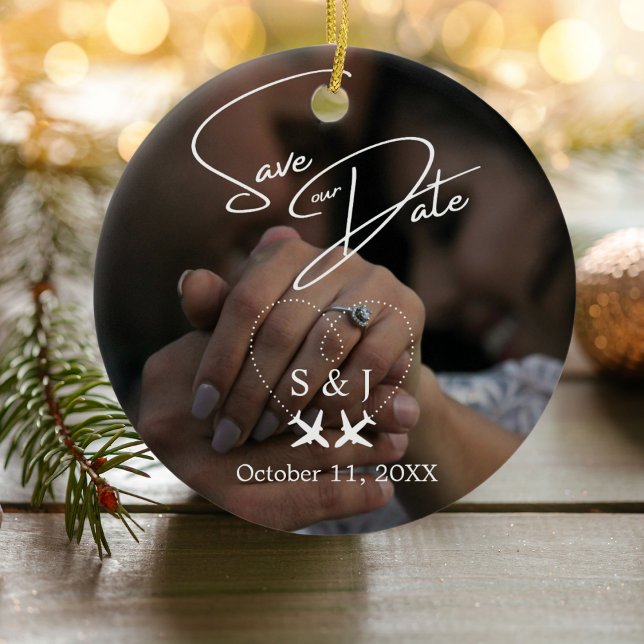 Travel Wedding Aeroplane Heart Save The Date XMAS Ceramic Ornament (Creator Uploaded)