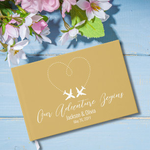 Travel Wedding Two Aeroplanes & Heart Modern Gold Guest Book