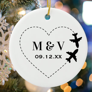 Travel Wedding Two Aeroplanes make Heart Modern Ceramic Ornament
