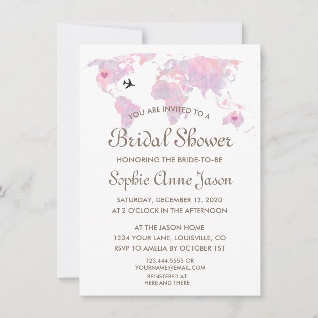 Travel Wedding Watercolor World Map Bridal Shower Invitation (Front)