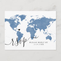 Travel World Map Blue Heart RSVP Postcard