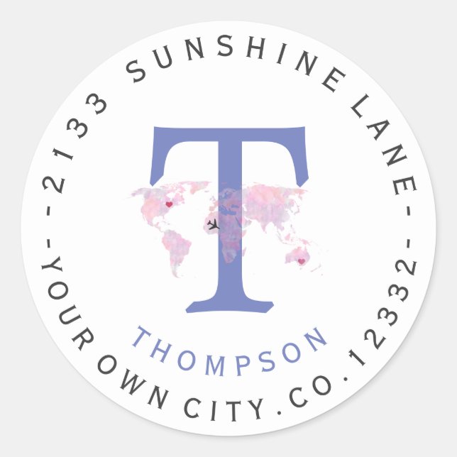 Travel World Map Monogram Circular Address Label (Front)