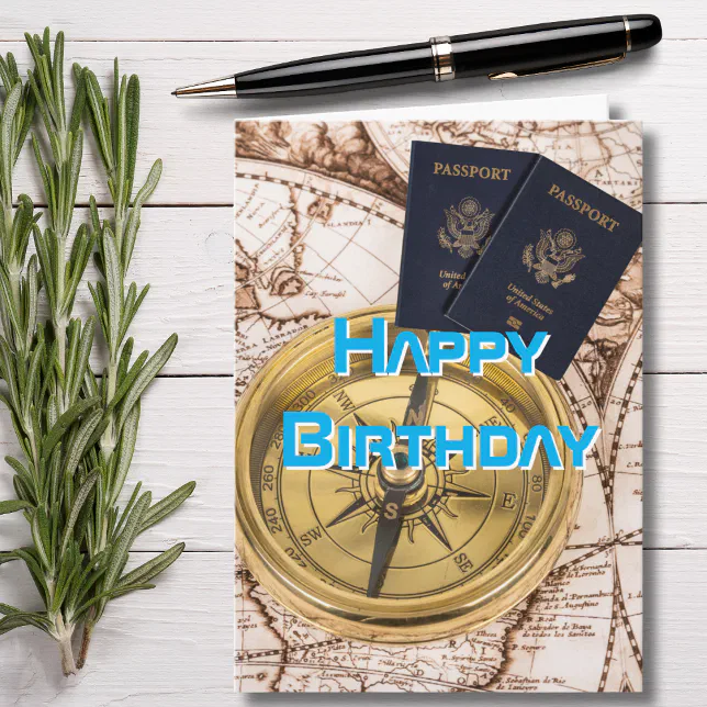 Travel, World Map, Passports, Compass, Birthday Card | Zazzle