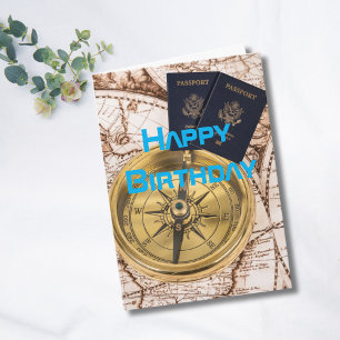 Travel, World Map, Passports, Compass, Birthday Card