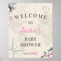 Travel World Map Pink Floral Baby Shower Welcome