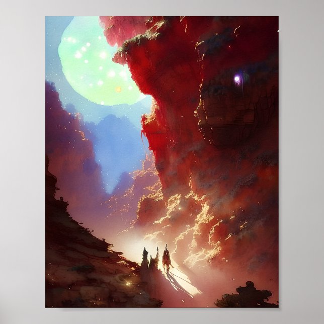 Travelers in a canyon of red rock poster (Front)