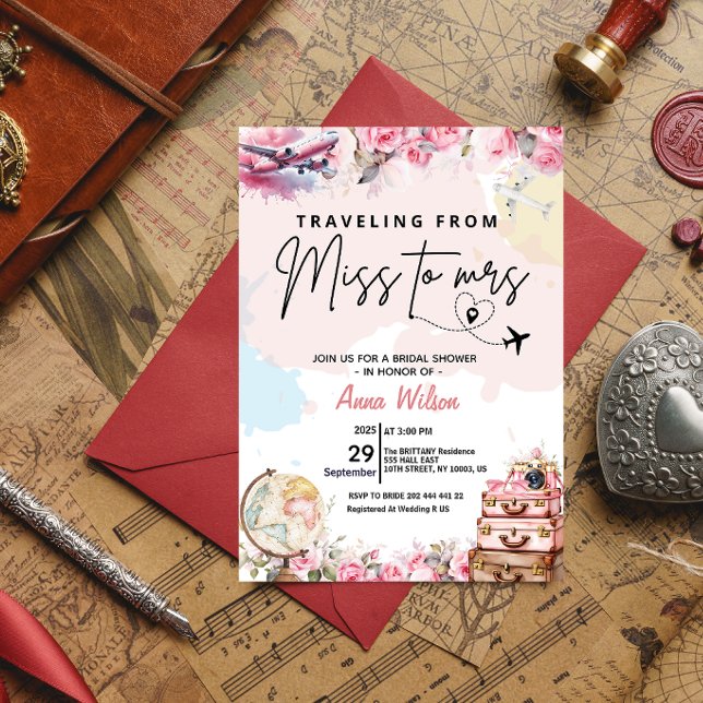 Traveling From Miss to Mrs Bridal Shower Floral  Invitation (traveling from miss to mrs bridal shower invitations love is a journey watercolor world map around )