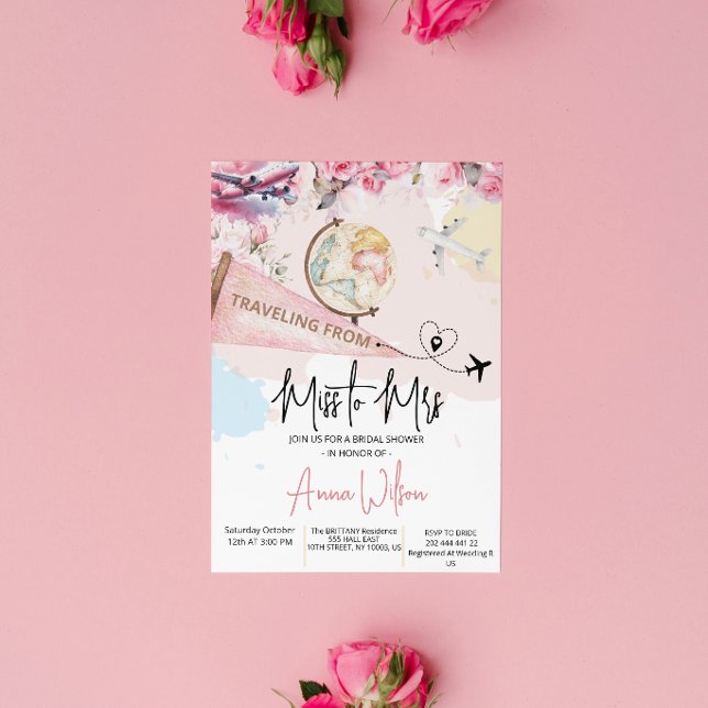 Traveling From Miss to Mrs Bridal Shower Floral  Invitation (traveling from miss to mrs bridal shower invitations vintage adventure destination love is a journey)