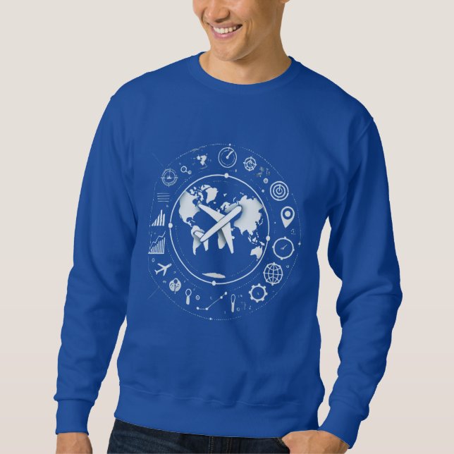 Traveling Minimalist Airplane Over World Map Sweatshirt (Front)