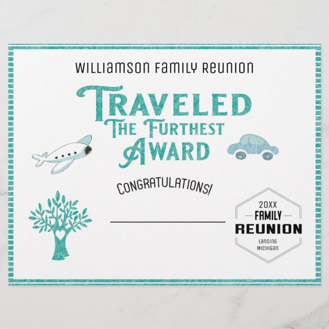 Travelled The Furthest Family Tree Reunion Award Custom Letterhead (Front)
