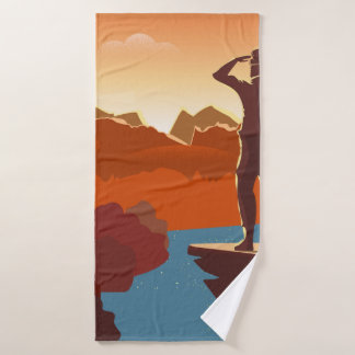 Traveller or explorer with backpack, standing on t bath towel
