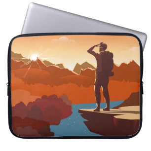 Traveller or explorer with backpack, standing on t laptop sleeve