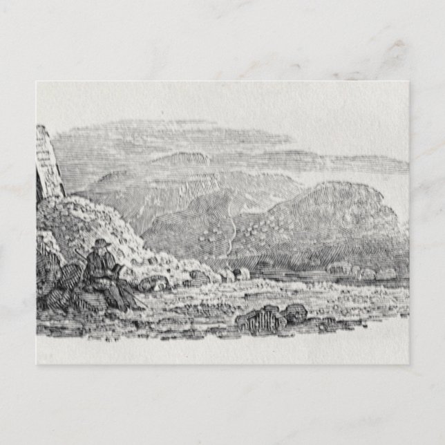 Traveller reading beneath a milestone postcard (Front)