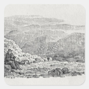 Traveller reading beneath a milestone square sticker