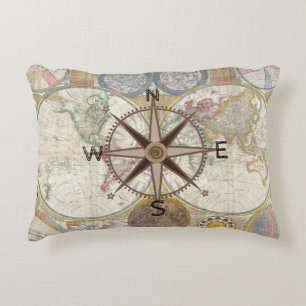 Traveller World Map Compass Rose Decorative Cushion