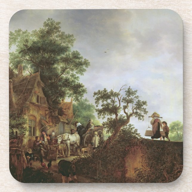 Travellers by an Inn (oil on canvas) Coaster (Front)