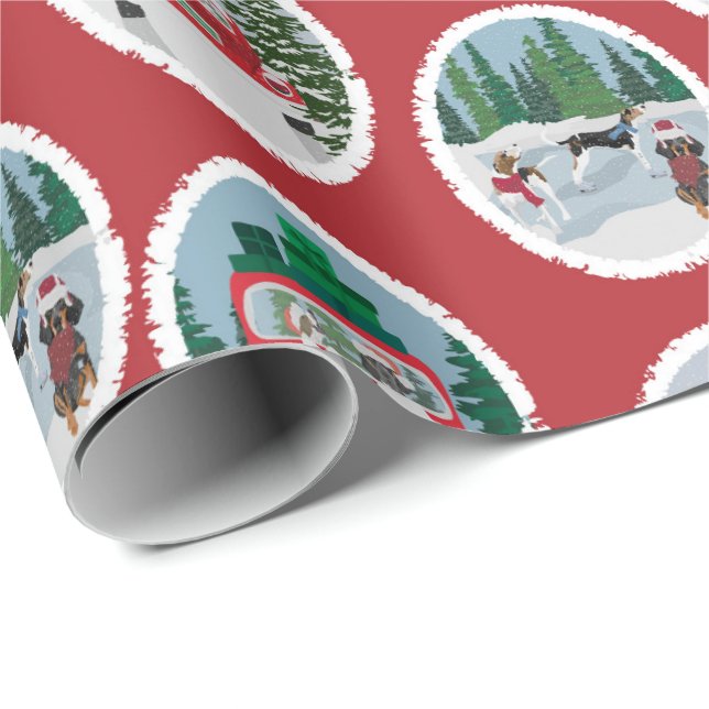 Travelling Coonhounds on Red Wrapping Paper (Roll Corner)