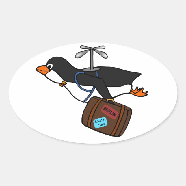 Travelling Flying Helicopter Penguin with Suitcase Oval Sticker (Front)