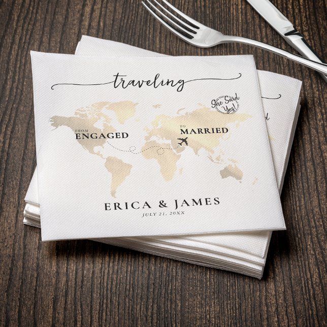 Travelling from Engaged to Married Gold Map Napkin (Creator Uploaded)