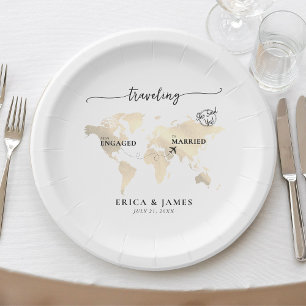 Travelling from Engaged to Married Gold Map Paper Plate