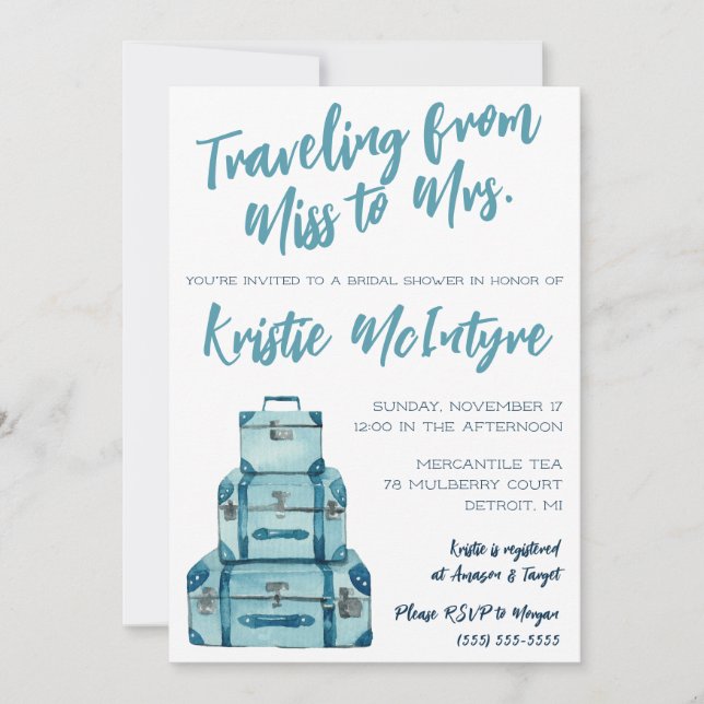 Travelling from Miss to Mrs. Blue Luggage Bridal Invitation (Front)