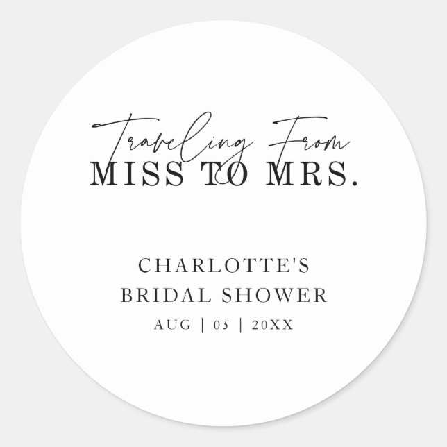 Travelling From Miss to Mrs. Bridal Shower Classic Round Sticker (Front)