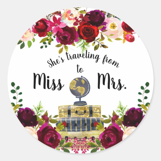Travelling from Miss to Mrs bridal shower favour  Classic Round Sticker (Front)