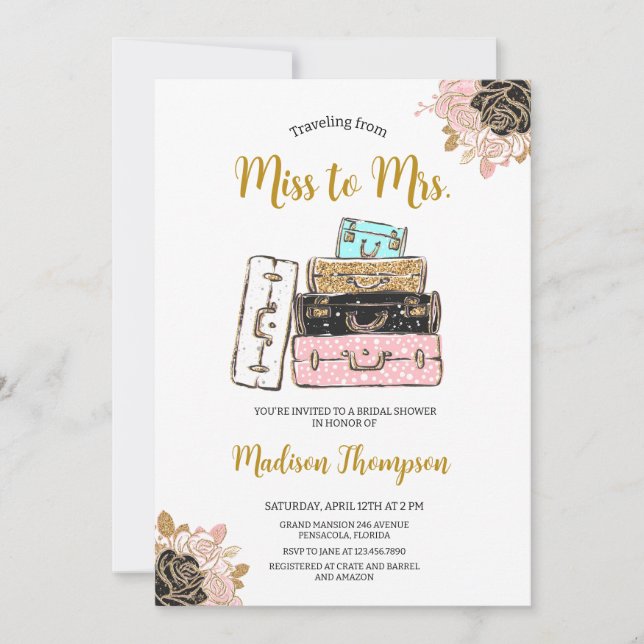 Travelling from Miss to Mrs. Bridal Shower Invitation (Front)