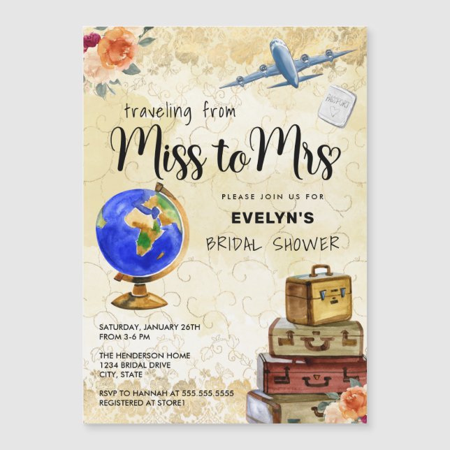 Travelling From Miss to Mrs Bridal Shower Magnetic Invitation (Front)