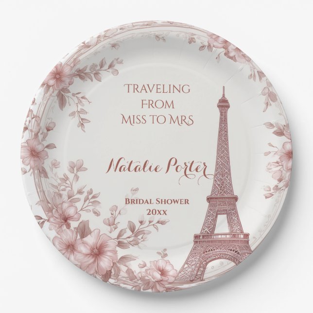 Travelling from Miss to Mrs Bridal Shower Paris Ar Paper Plate (Front)
