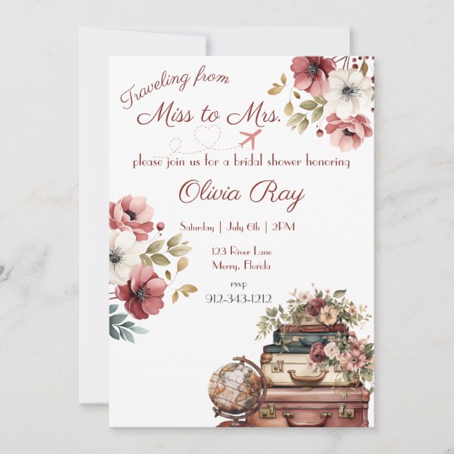 Travelling from Miss to Mrs, Bridal Shower, Travel Invitation (Front)