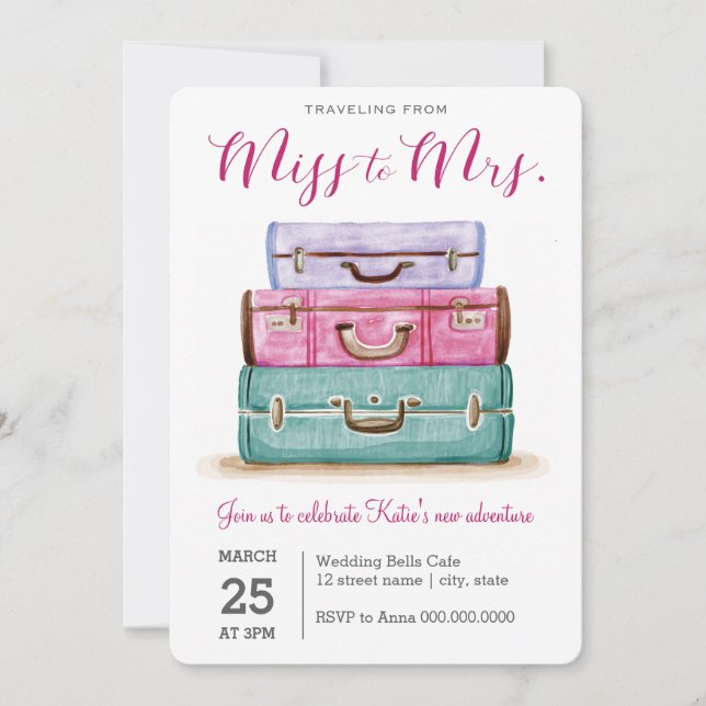 Travelling from Miss to Mrs. Pink Bridal Shower Invitation (Front)