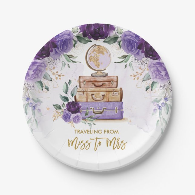 Travelling from Miss to Mrs Purple Bridal Shower Paper Plate (Front)