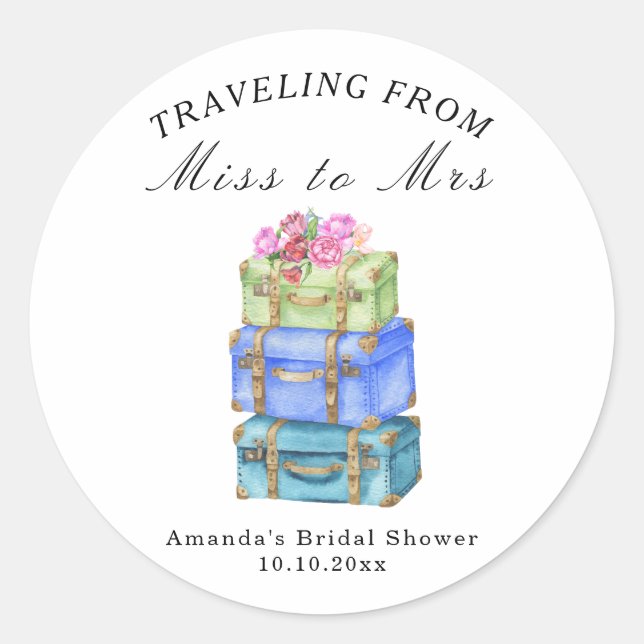 Travelling from Miss to Mrs Vintage Bridal Shower Classic Round Sticker (Front)