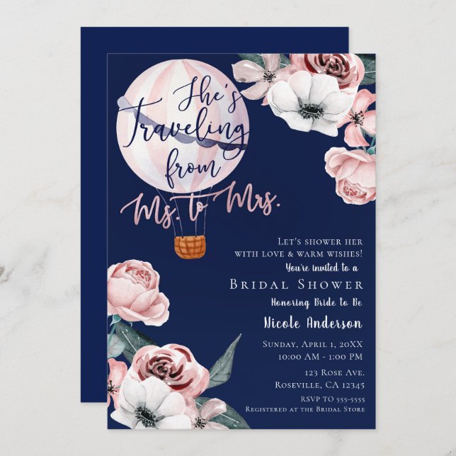 Travelling From Ms. to Mrs. Bridal Shower Pink Blu Invitation (Front/Back)