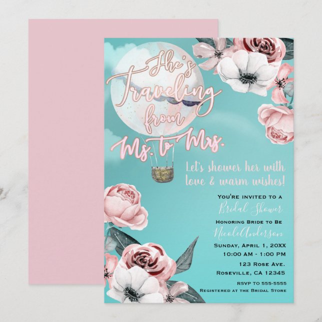 Travelling From Ms. to Mrs. Bridal Shower Teal Pin Invitation (Front/Back)
