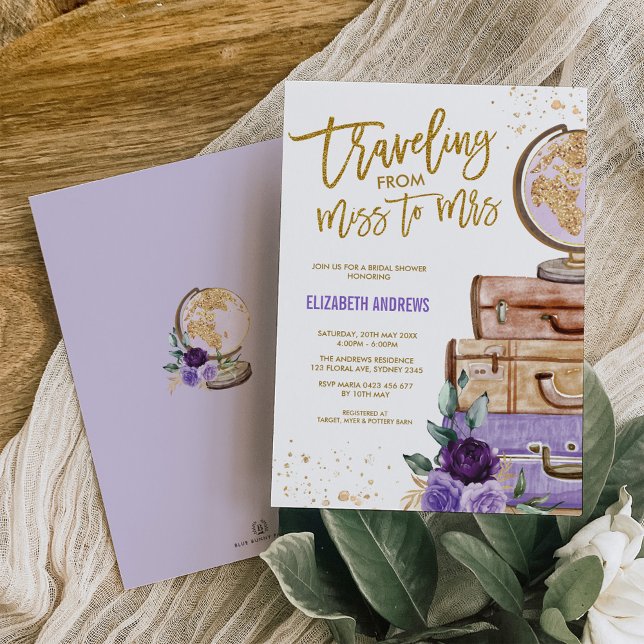 Travelling Miss to Mrs Purple Gold Bridal Shower Invitation (Creator Uploaded)