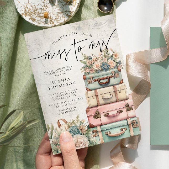 Travelling Miss to Mrs Vintage Floral Bridal Showe Invitation (Creator Uploaded)