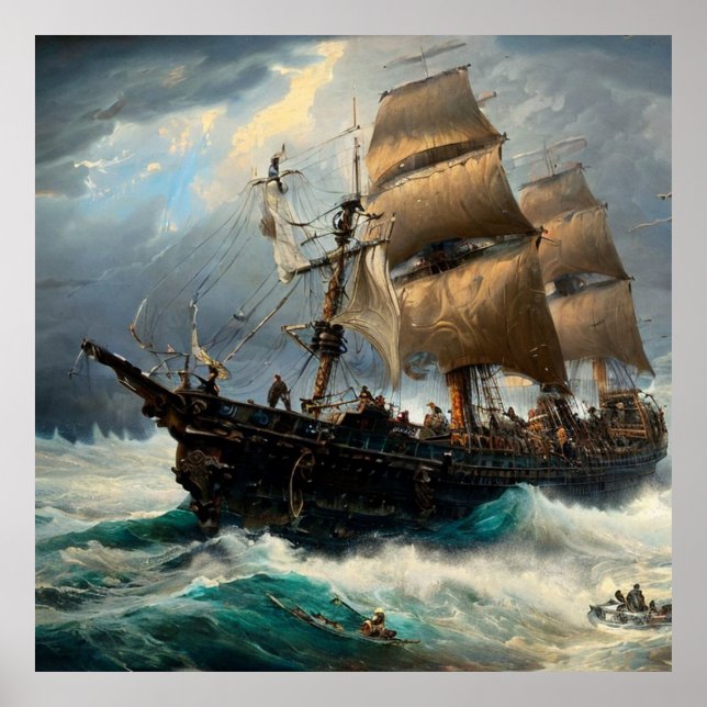 Travelling on a sailing ship and a storm classic poster (Front)