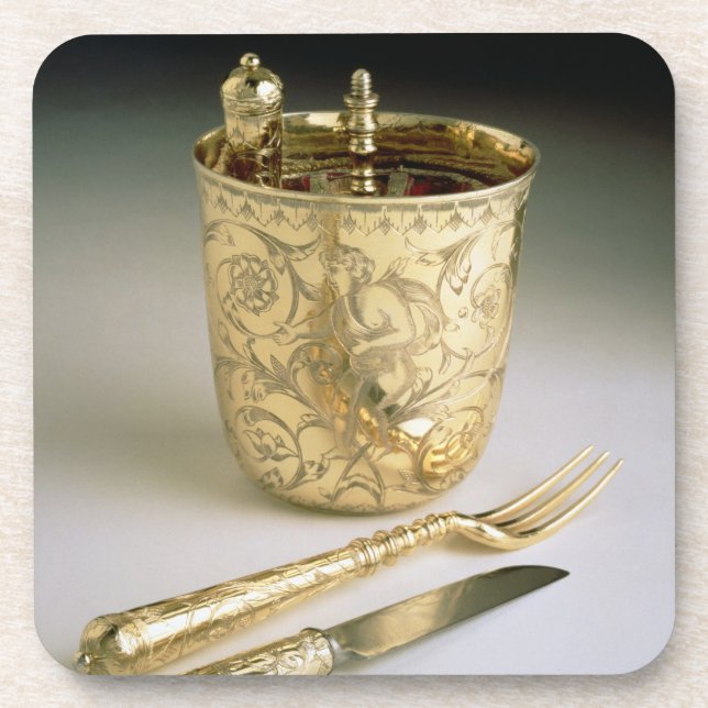 Travelling set of a knife, fork, spoon and beaker, coaster (Front)