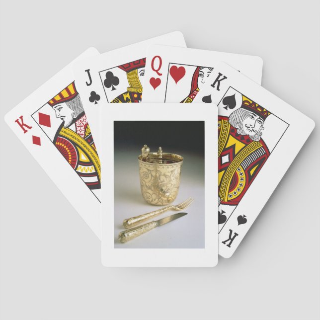 Travelling set of a knife, fork, spoon and beaker, playing cards (Back)