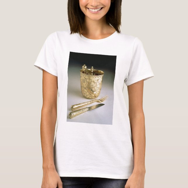 Travelling set of a knife, fork, spoon and beaker, T-Shirt (Front)