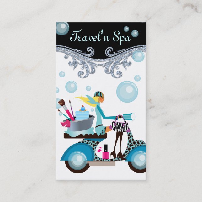 Travelling Spa Business Card Scooter Girl Bubbles (Front)