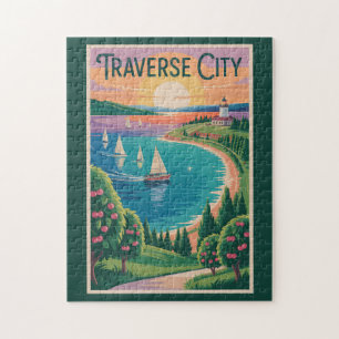 Traverse City Lake Michigan Illustration Travel Jigsaw Puzzle