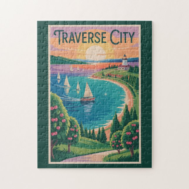 Traverse City Lake Michigan Illustration Travel Jigsaw Puzzle (Vertical)