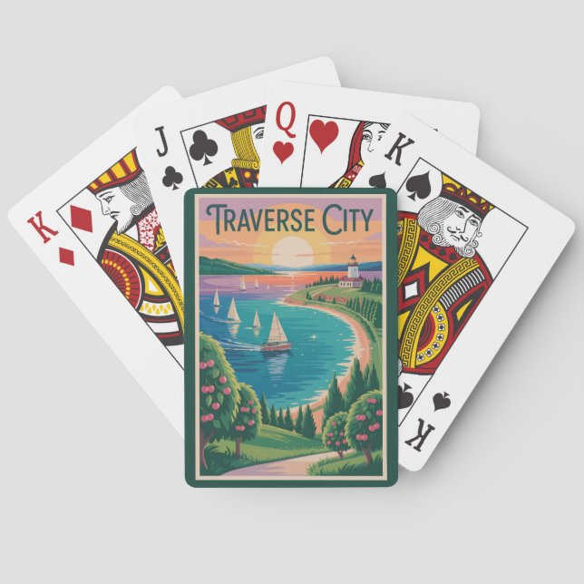 Traverse City Lake Michigan Illustration Travel Playing Cards (Back)