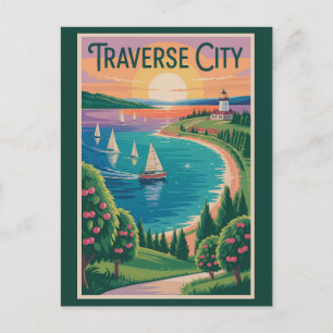 Traverse City Lake Michigan Illustration Travel Postcard